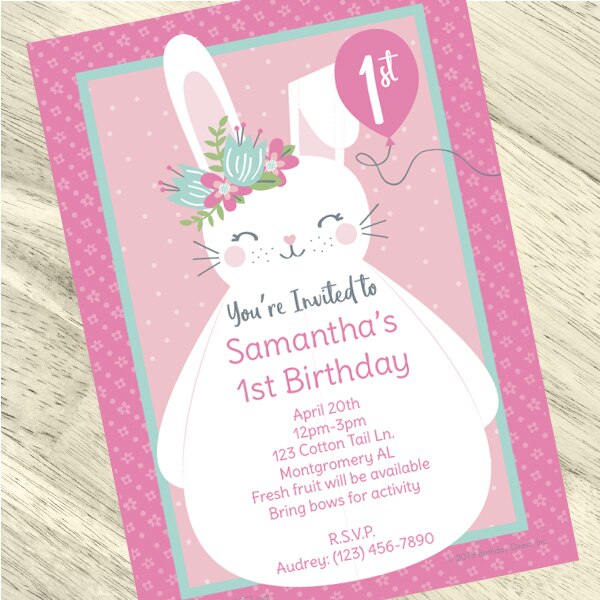 Little Bunny 1st Birthday Invitation, 5x7-in, Editable PDF Printable by Birthday Direct