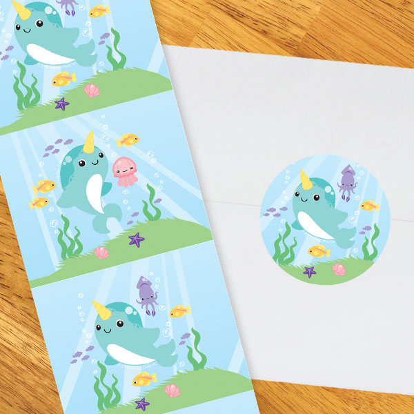 Narwhal Fantasy Party 2-in Circle, Editable Canva Template by Birthday Direct