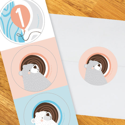 Little Bear 1st Birthday 2-in Circle, 8.5x11 Printable PDF by Birthday Direct