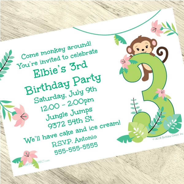 Little Monkey 3rd Birthday Invitation, 5x7-in, Editable PDF Printable by Birthday Direct