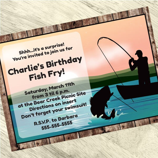 Bass Fishing Party Invitation, 5x7-in, Editable PDF Printable by Birthday Direct
