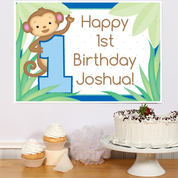 Little Monkey Blue 1st Birthday Sign, Editable Canva Template by Birthday Direct