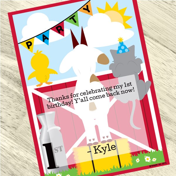 Farm Barnyard 1st Birthday Thank You, 5x7-in, Editable PDF Printable by Birthday Direct