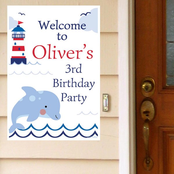 Nautical Dolphin Party Door Greeter, Editable PDF Printable by Birthday Direct