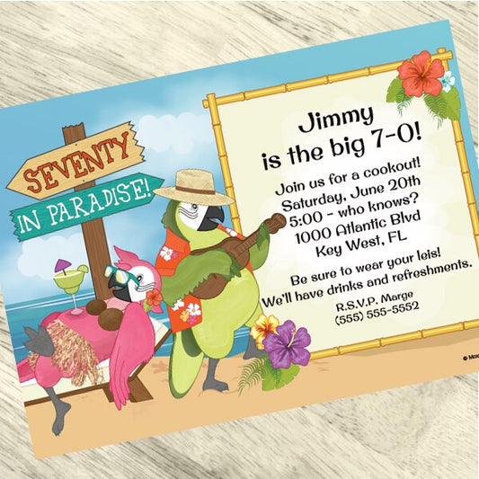 Parrot in Paradise 70th Birthday Invitation, 5x7-in, Editable PDF Printable by Birthday Direct