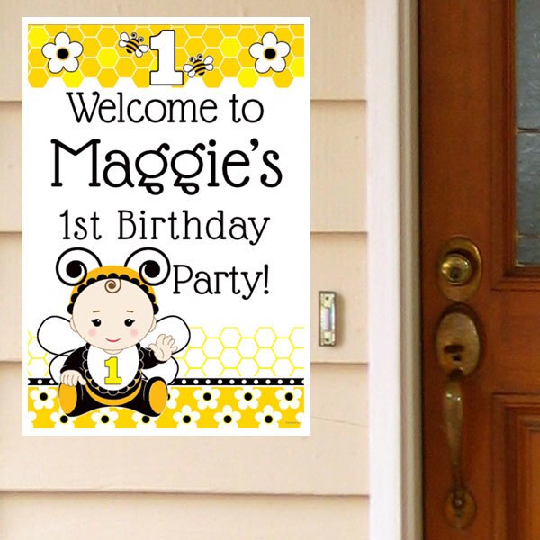 Bumble Bee 1st Birthday Door Greeter, Editable PDF Printable by Birthday Direct