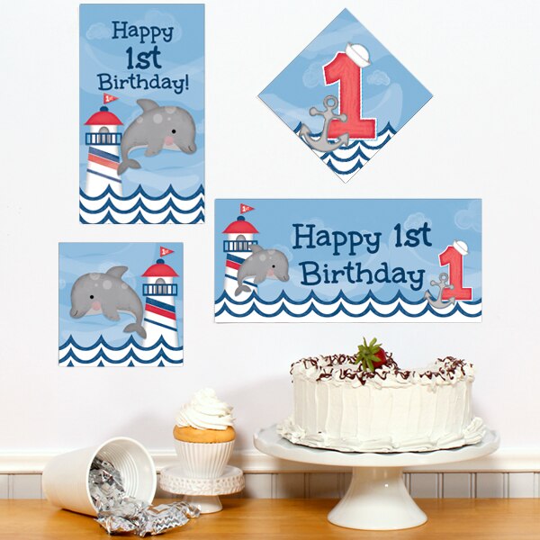 Nautical Dolphin 1st Birthday Sign Cutouts Wall Decoration, 8.5x11 Printable PDF by Birthday Direct