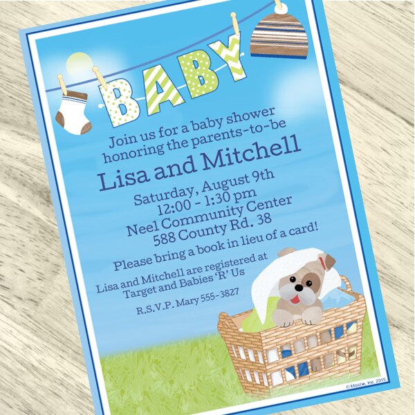 Clothesline Puppy Blue Baby Shower Invitation, 5x7-in, Editable PDF Printable by Birthday Direct