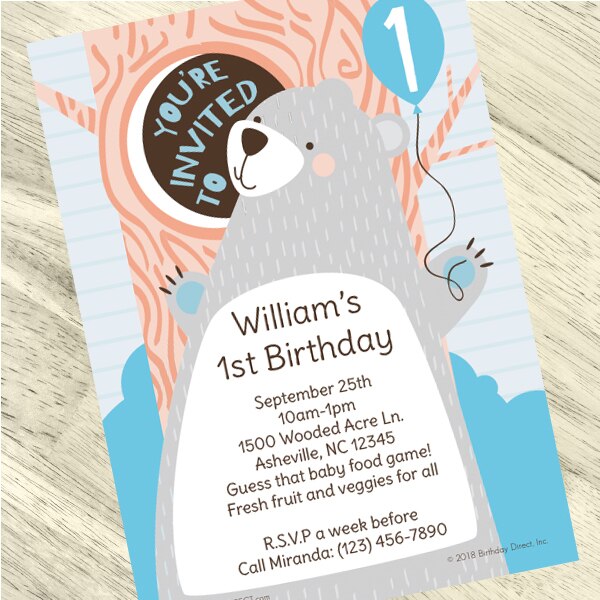 Little Bear 1st Birthday Invitation, 5x7-in, Editable PDF Printable by Birthday Direct