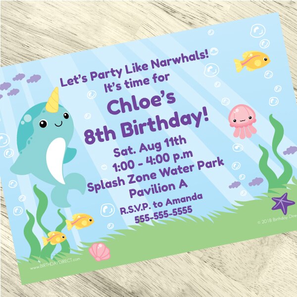 Narwhal Fantasy Party Invitation, 5x7-in, Editable Canva Template by Birthday Direct