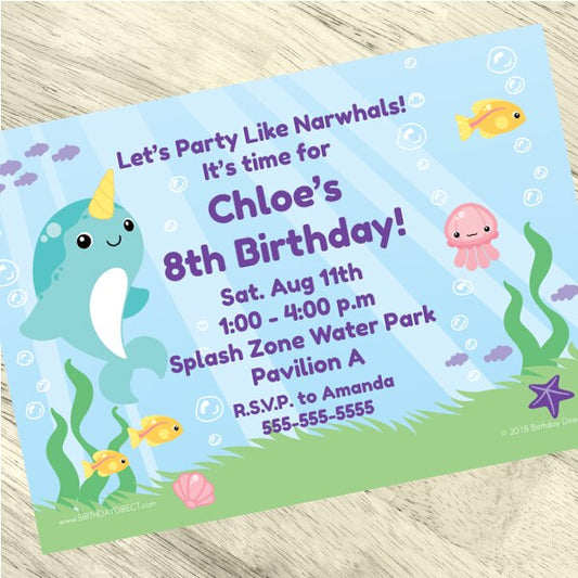 Narwhal Fantasy Party Invitation, 5x7-in, Editable PDF Printable by Birthday Direct