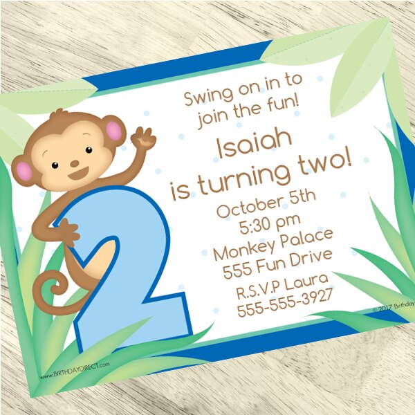 Little Monkey Blue 2nd Birthday Invitation, 5x7-in, Editable PDF Printable by Birthday Direct