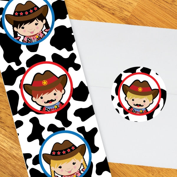 Little Cowpoke Party 2-in Circle, Editable Canva Template by Birthday Direct