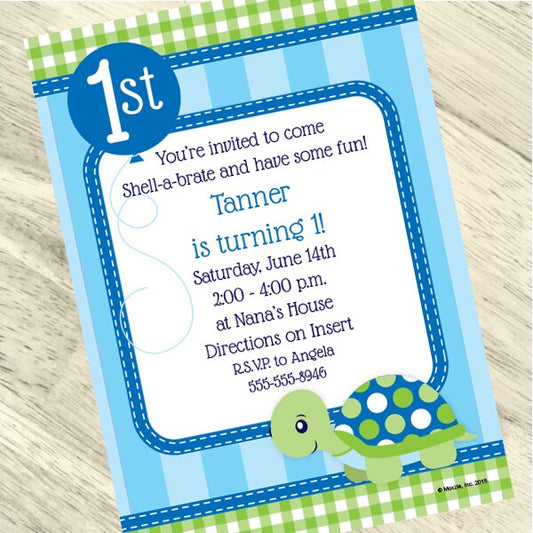 Little Turtle 1st Birthday Invitation, 5x7-in, Editable PDF Printable by Birthday Direct