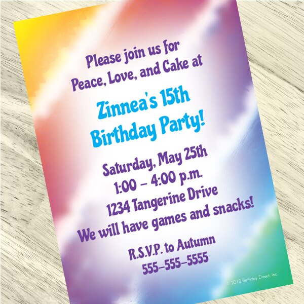 Tie Dye Party Invitation, 5x7-in, Editable PDF Printable by Birthday Direct