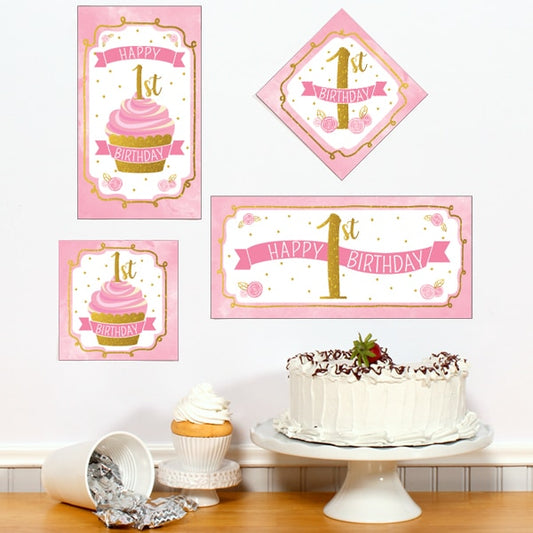 Pink and Gold 1st Birthday Sign Cutouts Wall Decoration, 8.5x11 Printable PDF by Birthday Direct