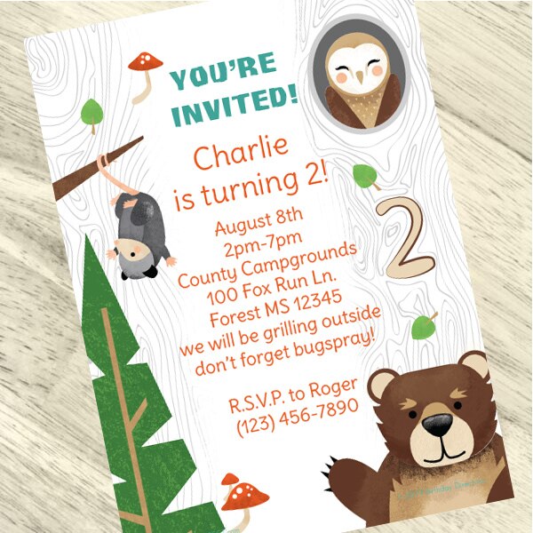 Wild Woodland 2nd Birthday Invitation, 5x7-in, Editable PDF Printable by Birthday Direct