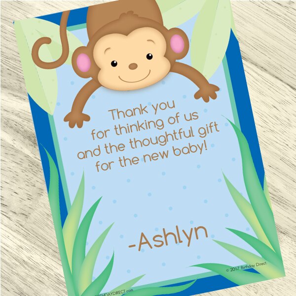 Little Monkey Blue Baby Shower Thank You, 5x7-in, Editable PDF Printable by Birthday Direct