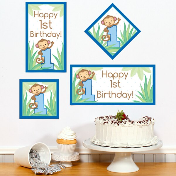 Little Monkey Blue 1st Birthday Sign Cutouts Wall Decoration, 8.5x11 Printable PDF by Birthday Direct