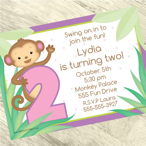 Little Monkey Pink 2nd Birthday Invitation, 5x7-in, Editable Canva Template by Birthday Direct