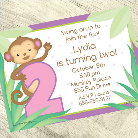 Little Monkey Pink 2nd Birthday Invitation, 5x7-in, Editable PDF Printable by Birthday Direct