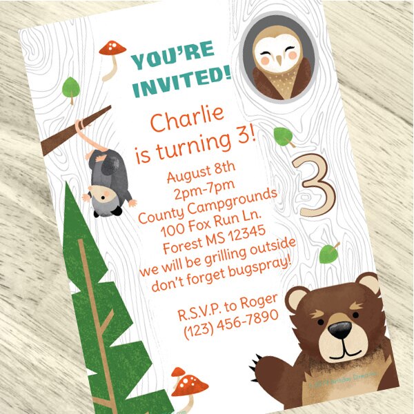 Wild Woodland 3rd Birthday Invitation, 5x7-in, Editable Canva Template by Birthday Direct