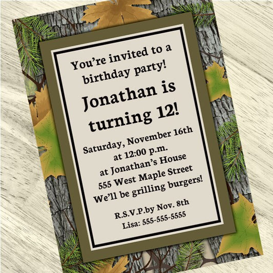 Camouflage Woodland Party Invitation, 5x7-in, Editable PDF Printable by Birthday Direct