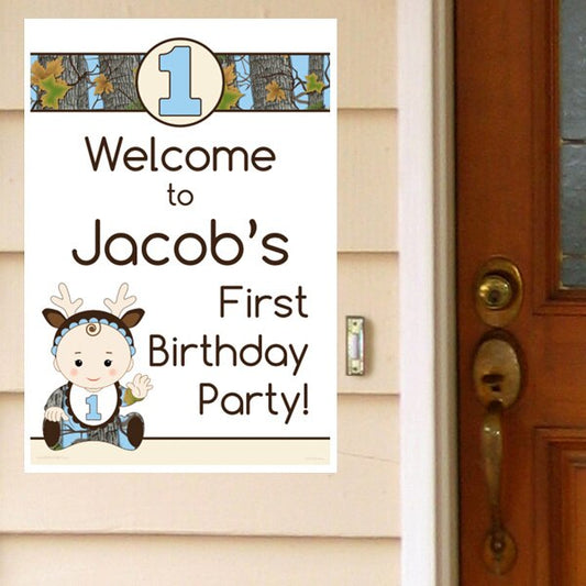 Camouflage Blue 1st Birthday Door Greeter, Editable PDF Printable by Birthday Direct