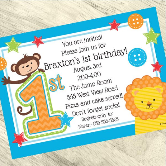 Zoo Blue 1st Birthday Invitation, 5x7-in, Editable PDF Printable by Birthday Direct