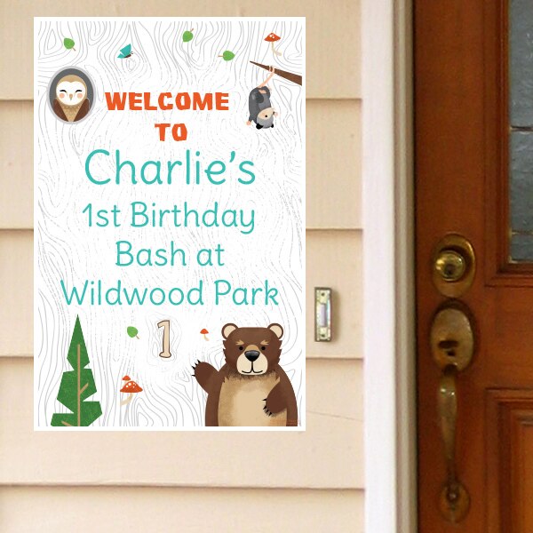 Wild Woodland 1st Birthday Door Greeter, Editable PDF Printable by Birthday Direct