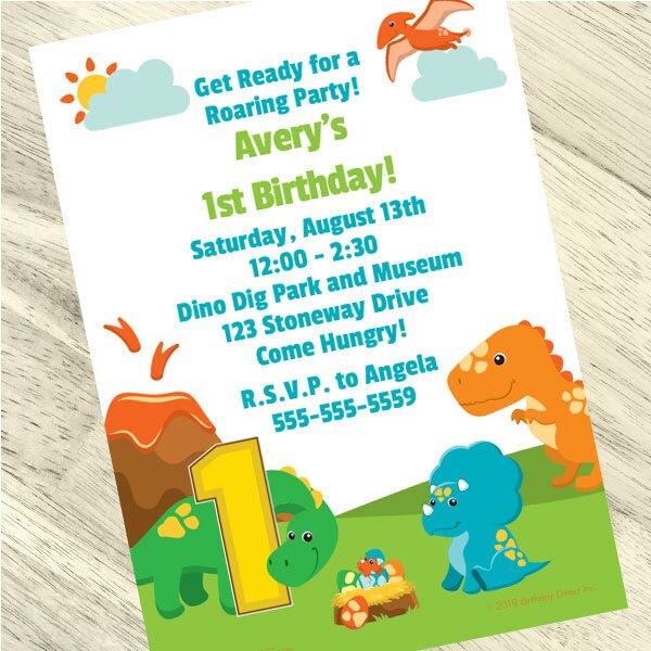 Little Dinosaur 1st Birthday Invitation, 5x7-in, Editable PDF Printable by Birthday Direct