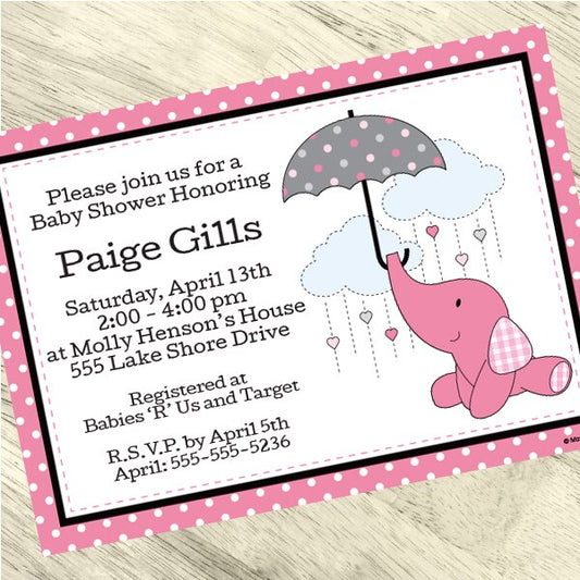 Elephant Pink Baby Shower Invitation, 5x7-in, Editable PDF Printable by Birthday Direct