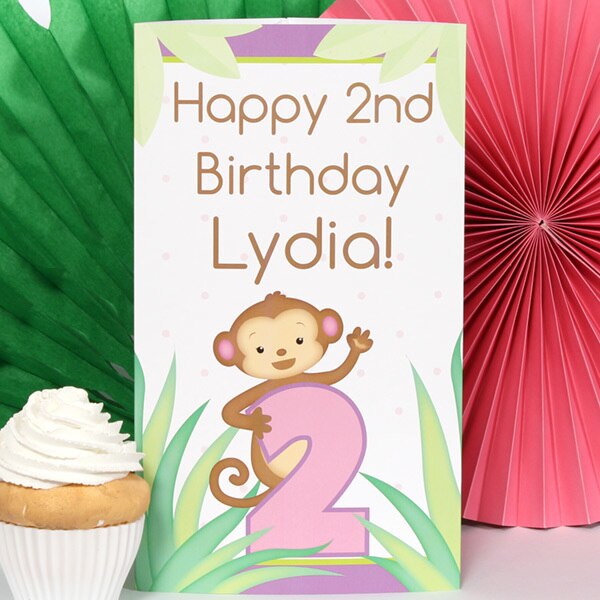 Little Monkey Pink 2nd Birthday Centerpiece, 10 inch Editable Canva Template by Birthday Direct