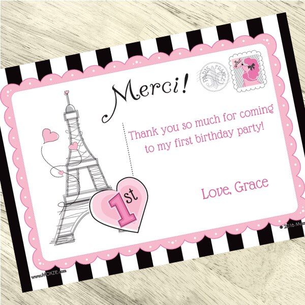 Paris Ooh La La 1st Birthday Thank You, 5x7-in, Editable PDF Printable by Birthday Direct