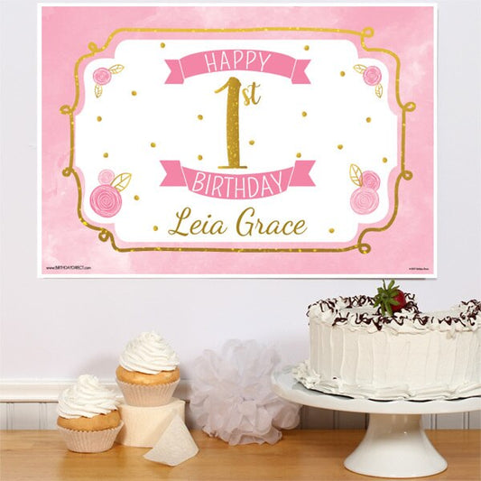 Pink and Gold 1st Birthday Sign, Editable PDF Printable by Birthday Direct