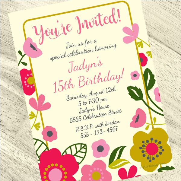 Coral Floral Party Invitation, 5x7-in, Editable PDF Printable by Birthday Direct