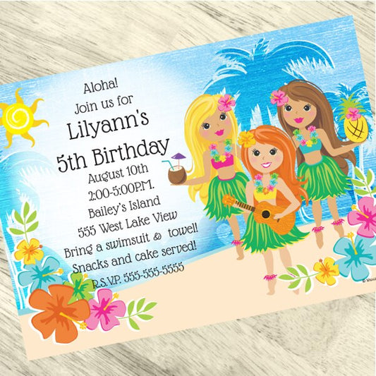 Hawaiian Hula Girl Party Invitation, 5x7-in, Editable PDF Printable by Birthday Direct