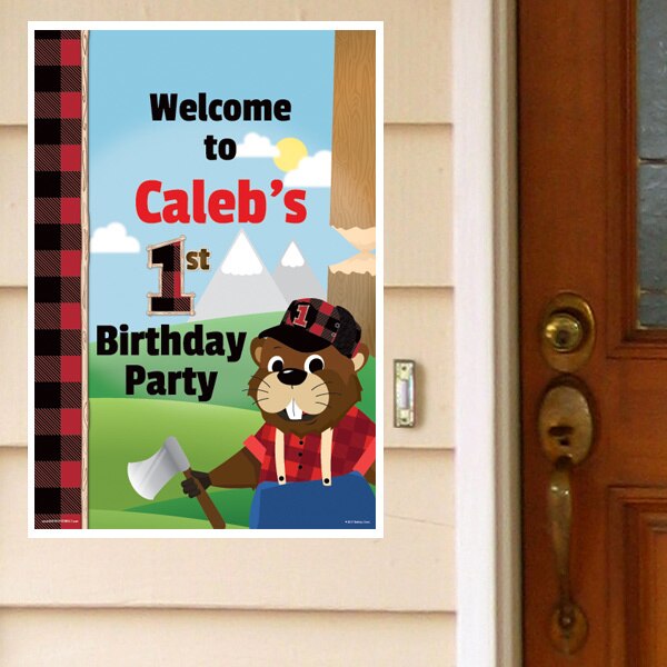 Woodland Lumberjack Beaver 1st Birthday Door Greeter, Editable PDF Printable by Birthday Direct