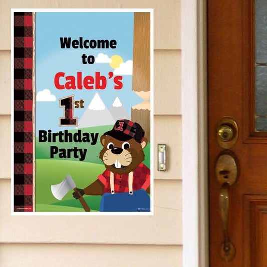 Woodland Lumberjack Beaver 1st Birthday Door Greeter, Editable PDF Printable by Birthday Direct