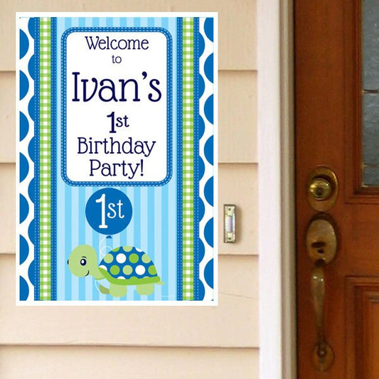 Little Turtle 1st Birthday Door Greeter, Editable PDF Printable by Birthday Direct