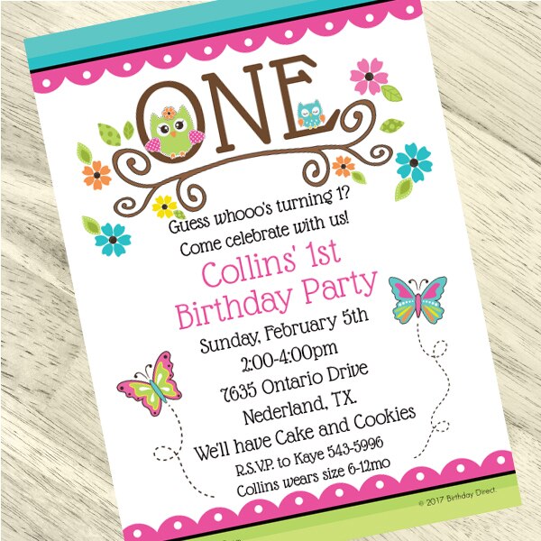 Little Owl 1st Birthday Invitation, 5x7-in, Editable Canva Template by Birthday Direct