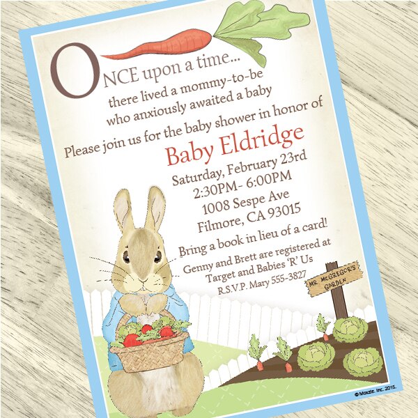 Peter Rabbit Baby Shower Invitation, 5x7-in, Editable PDF Printable by Birthday Direct