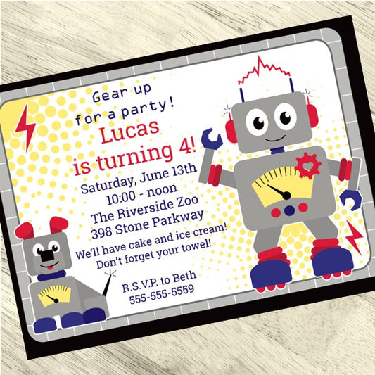 Little Robot Party Invitation, 5x7-in, Editable PDF Printable by Birthday Direct