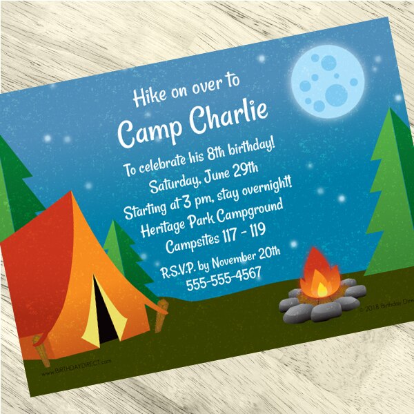 Camping Party Invitation, 5x7-in, Editable PDF Printable by Birthday Direct