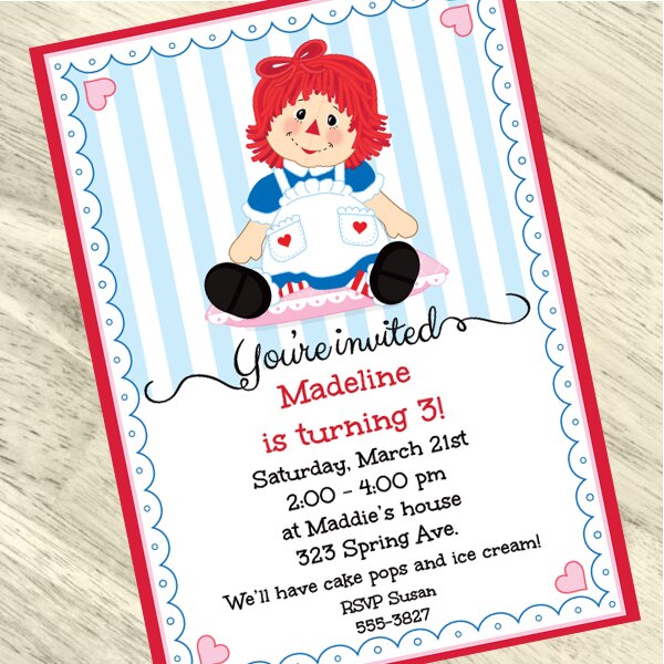 Raggedy Ann Party Invitation, 5x7-in, Editable PDF Printable by Birthday Direct