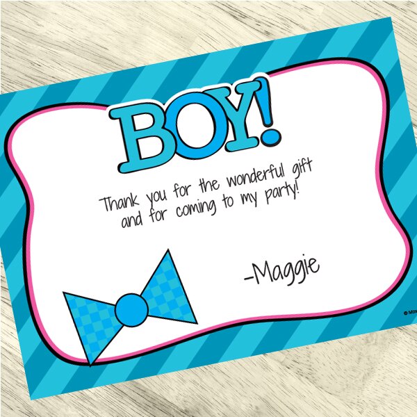 Bow or Bowtie Gender Reveal Thank You, 5x7-in, Editable PDF Printable by Birthday Direct