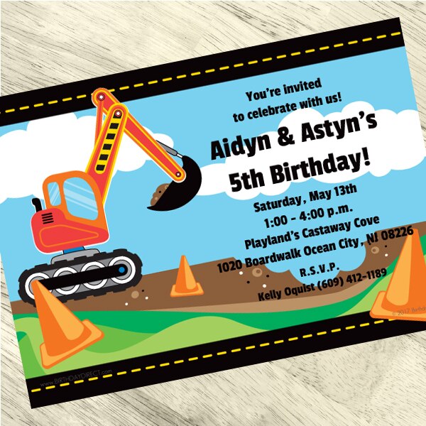 Construction Little Digger Party Invitation, 5x7-in, Editable PDF Printable by Birthday Direct