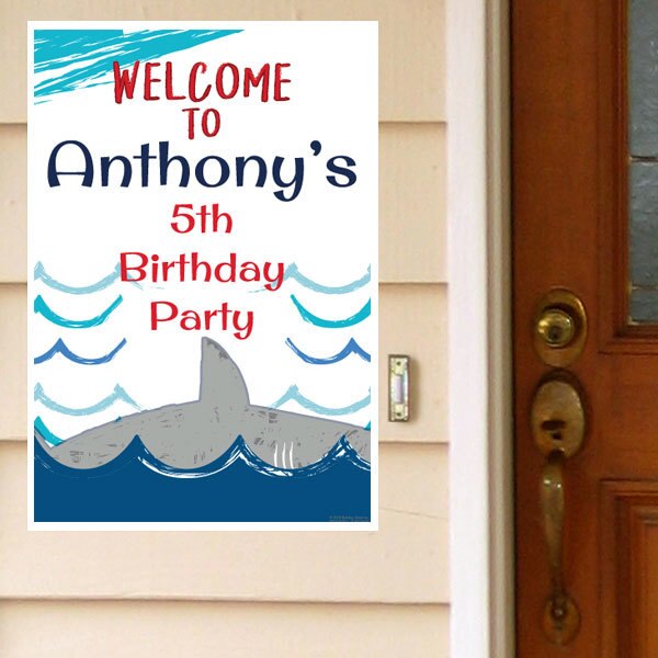 Shark Splash Party Welcome Sign, Editable Canva Template by Birthday Direct