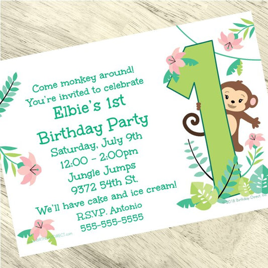 Little Monkey 1st Birthday Invitation, 5x7-in, Editable PDF Printable by Birthday Direct