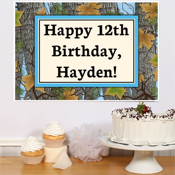 Camouflage Blue Party Sign, Editable Canva Template by Birthday Direct